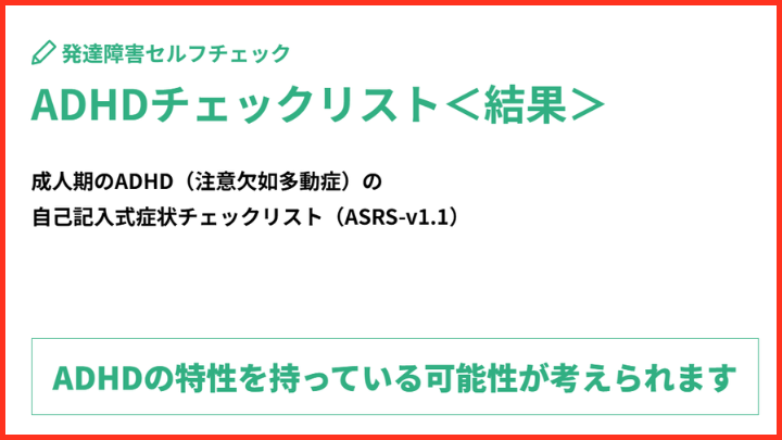 ADHDチェックリスト。ADHDの特性を持っている可能性が考えられます。