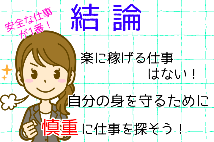 結論。楽に稼げる仕事はない。自分の身を守るために慎重に仕事を探そう。