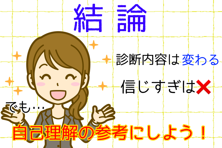 結論。診断内容は変わる。信じすぎはダメ。でも、自己理解の参考にしよう。
